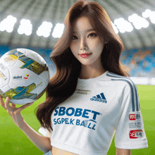 a woman holding a soccer ball that says sbobet