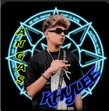 a young man wearing sunglasses is standing in front of a glowing circle that says angas