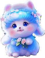 a teddy bear with blue hair and pink cheeks holding flowers