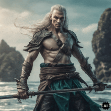 a man with long hair is holding a sword in front of a body of water