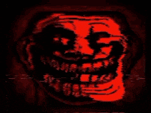 a close up of a troll face with a red background and a black background .