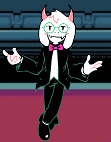 a cartoon character with horns and glasses wearing a bow tie