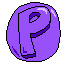 a pixel art illustration of a purple letter p in a circle on a white background .