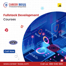 an advertisement for career boss fullstack development courses with a call now button