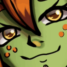 a close up of a cartoon character with a green face