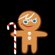 a gingerbread man is holding a candy cane in his hand on a black background .