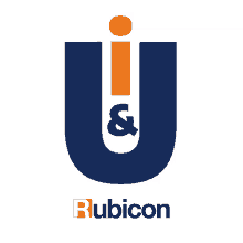 a blue and orange logo for rubicon with the letter u in the middle