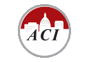 the aci logo is a red and white circle with a capitol building in the center .