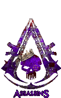 a logo for assassins with a purple skull and guns