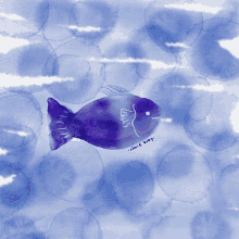 a watercolor painting of a purple fish with the words " since baby " written below it