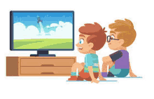 two boys are sitting on the floor watching a cartoon on a television .