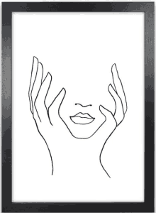 a black and white drawing of a woman 's face with her hands covering it