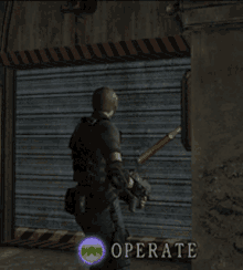 a video game screen shows a man holding a gun and the words nope and operate