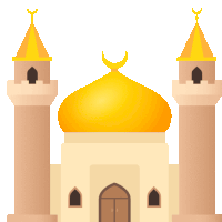 an illustration of a mosque with two towers and a golden dome