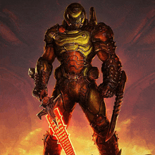 a video game character holding a sword that says ' doom eternal ' on the blade