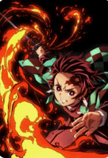 a cartoon of a boy holding a sword and surrounded by flames