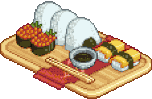 a pixel art illustration of a tray of sushi with chopsticks and sauce .