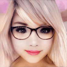 a close up of a woman wearing glasses and a pink lip