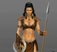 a woman holding a spear and a shield