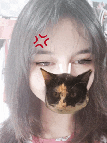 a girl with a cat on her face has an angry face