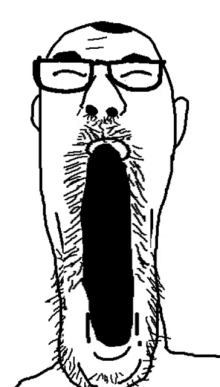 a black and white drawing of a man with glasses and a large mouth