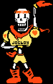 a pixel art of papyrus holding a torch with the word jogloy on it