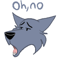 a drawing of a wolf yawning with the words oh no written below it