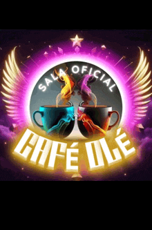 a logo for sala oficial cafe ole with two cups of coffee and wings