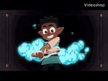 a cartoon boy is holding a book in his hands and surrounded by blue smoke .