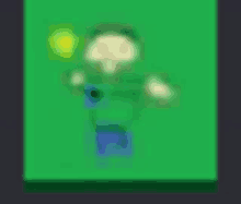 a blurry picture of a cartoon character with a green shirt and blue pants .