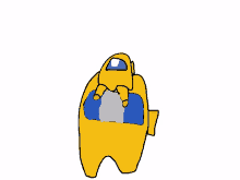 a drawing of a yellow among us character holding a blue blanket