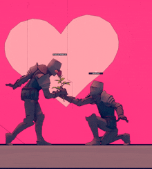 a knight giving a rose to another knight with a heart behind them