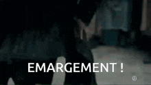 a man is holding a sword in his hand and the word emargement is written in white letters .