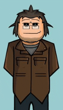 a cartoon man wearing glasses and a brown jacket is standing with his arms crossed .