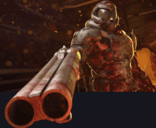 a video game character is holding a gun with two barrels pointing at the camera