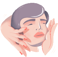 a woman 's face is being touched by a hand with red nails