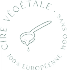 a green circle with a spoon and the words cire vegetale sans ogm