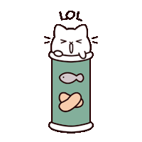 a cat is sticking its head out of a can of food with fish and eggs .