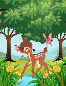 a cartoon illustration of a deer and a butterfly in the woods