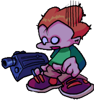 a cartoon character is holding a gun and has purple eyes