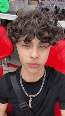 a young man with curly hair is wearing a black shirt and a chain .