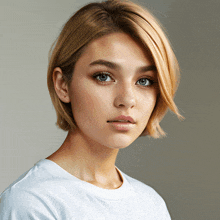 a close up of a woman 's face with short blonde hair