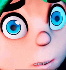 a close up of a cartoon character 's face with big blue eyes and a green hat .