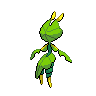 a pixel art drawing of a green and yellow cartoon character with leaves on its head .