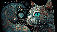 a colorful drawing of a cat with blue eyes and a swirl in the background