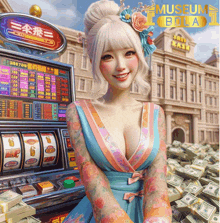 a woman in a blue dress stands in front of a slot machine with the words museum bola on the bottom