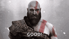 a bald man with a beard is holding a sword and the word good is above him