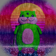 a green hamster with three eyes is standing in the rain with a sunset in the background