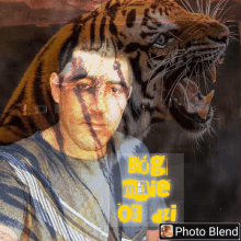 a photo blend of a man and a tiger with the words bog movie 09 azi