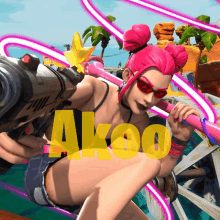 a girl with pink hair is holding a gun and the word akoo is on the bottom right